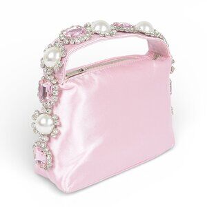 BNWT Brand New Rhinestone Pearl Embellished Top Handle Satin Soft Clutch Bag